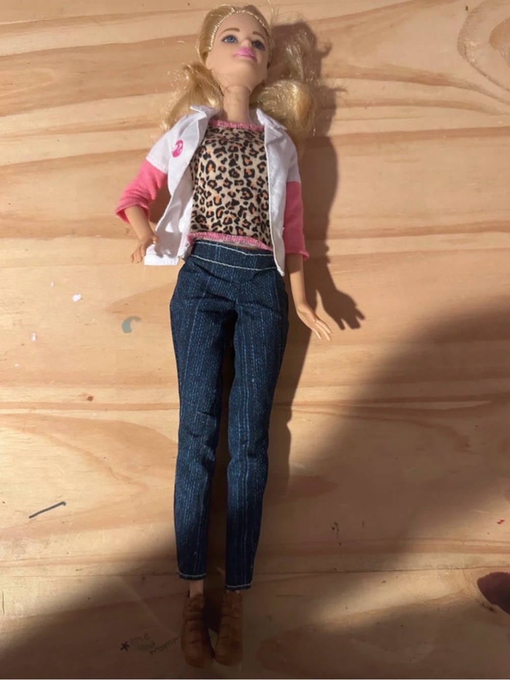Barbie Doll with Leopard Print Top, Pink & White Jacket, Blue Jeans